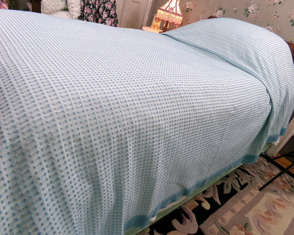 Powder Blue Vintage Chenille Bedspread, Texturized Barbells & Shag Edge Morgan Jones Full Sz