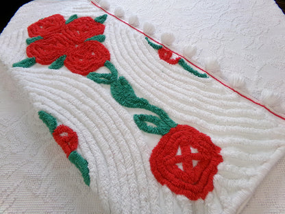 romantic red rose vintage chenille fabric: 25" x 25" piece w/ white swirl tufts & pom pom edge trim