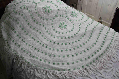 Twin Vintage Chenille Bedspread, Lucky Shamrock Green Flower Circles on White Coverlet