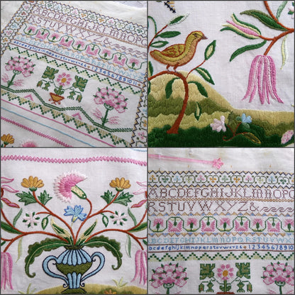 Shabby Vintage Linen Embroidery Sampler, Jacobean 1773 Cooper Hewitt Museum, 0860 Paragon Stitchery, Hand Embroidered, Completed