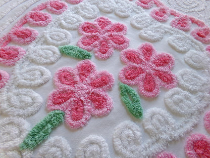 pink heart vintage chenille fabric, shabby cute rose trio on white, 24" x 23" piece of sewing material for pillows, quilts, wall hanging