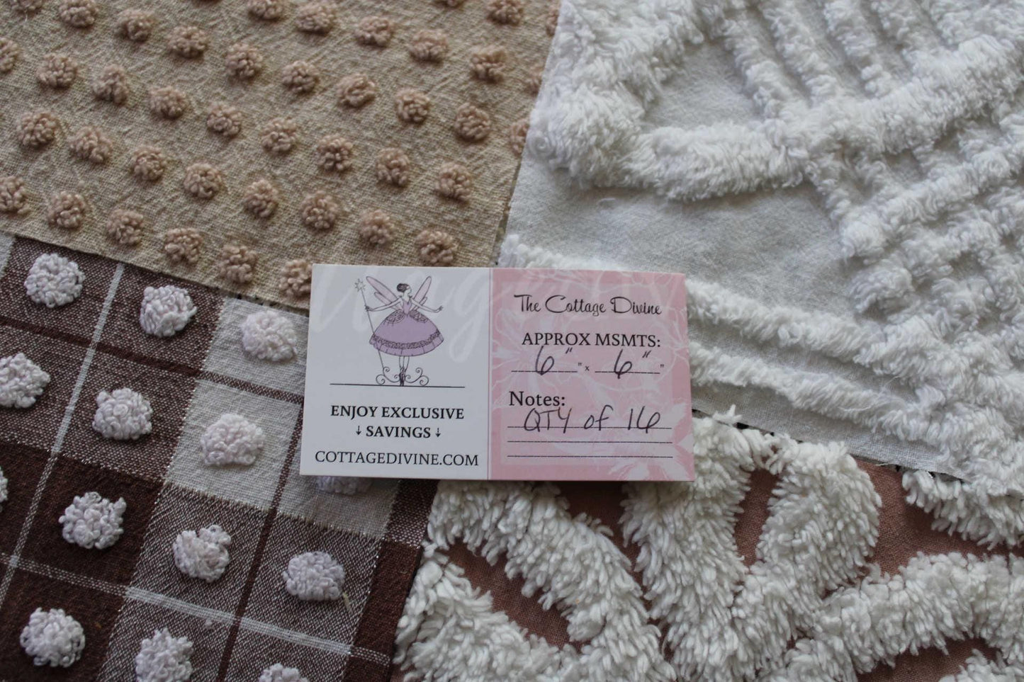 Bear Hugs Chenille Quilt Squares Set, from Vintage Bedspread Fabric, 16 Blocks, 6" x 6" inches each, Chocolate, Mocha & White