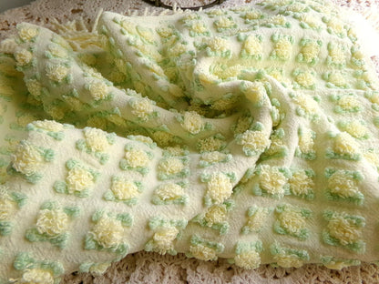 plump yellow rosebud vintage chenille fabric, cottage chic sewing & quilt material, 18" x 25"