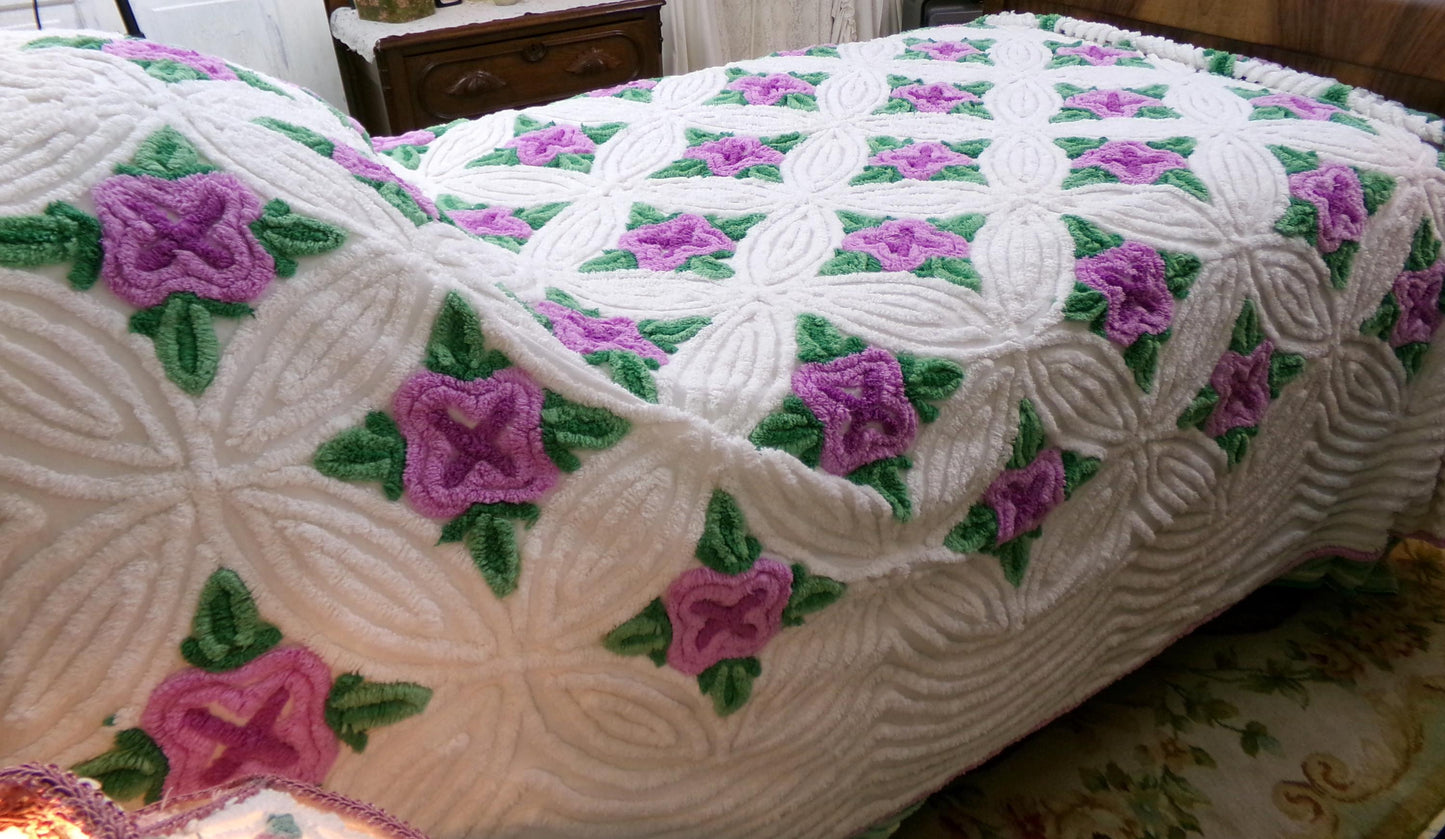 Lavender Cabbage Rose Blooms 1940s White Cotton Chenille Bedspread, FULL Size