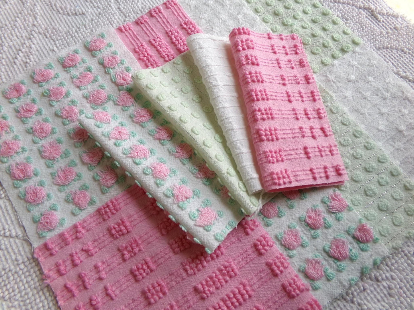 fairy girl pinks chenille fabric squares, set of 12 vintage 6" quilt blocks in crafty girl's dozen, popular squiggles, rosebud, dots