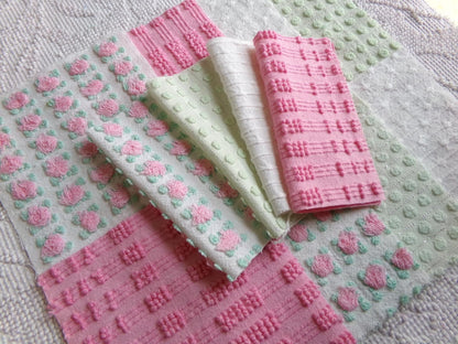 fairy girl pinks chenille fabric squares, set of 12 vintage 6" quilt blocks in crafty girl's dozen, popular squiggles, rosebud, dots