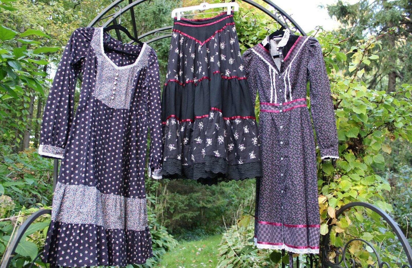Dark Cottagecore Vtg Clothing Lot: 2 Prairie Dress, 1 Gunne Sax Boho Black Skirt