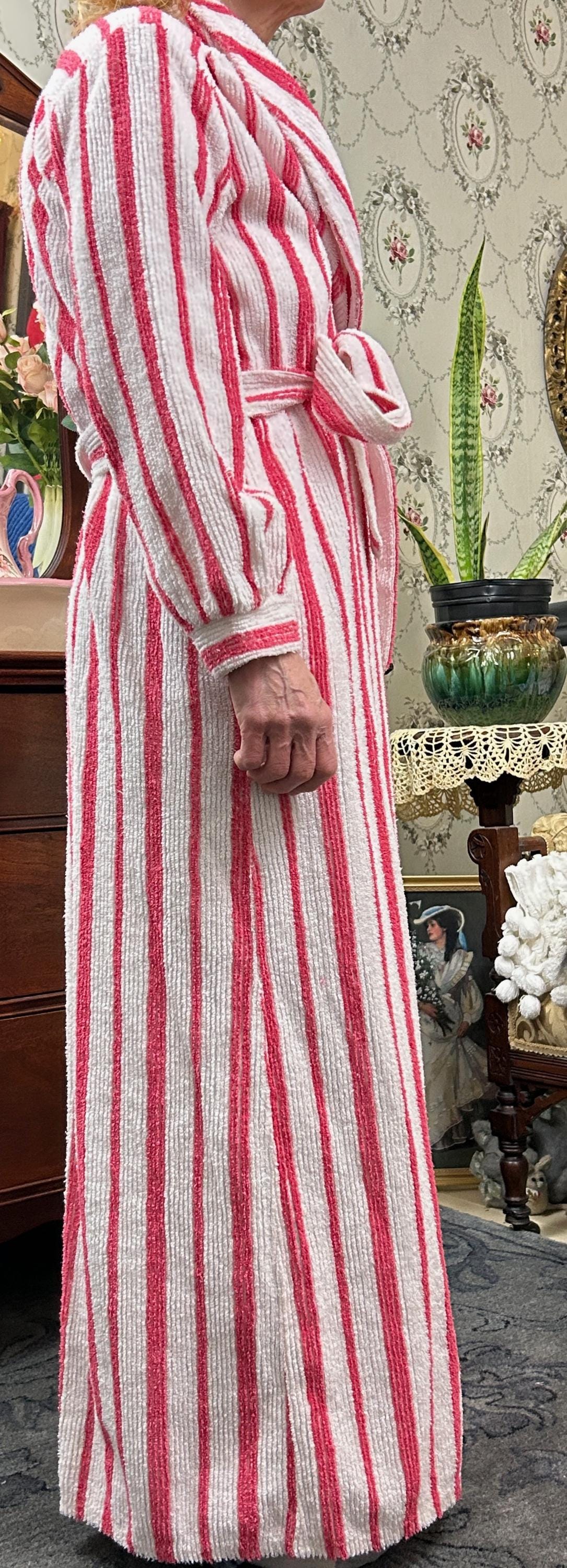 Vintage Chenille Robe Red & White Candy Stripe, Full Length Women’s Small Bathrobe