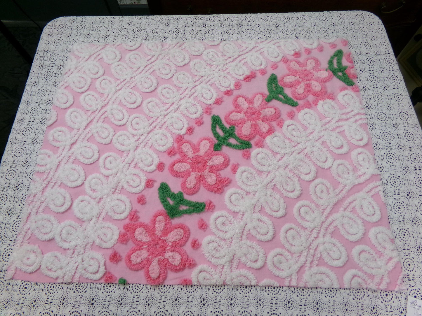 SweetPea Pink Floral Arc Vintage Chenille Bedspread Fabric, 20" x 25" piece