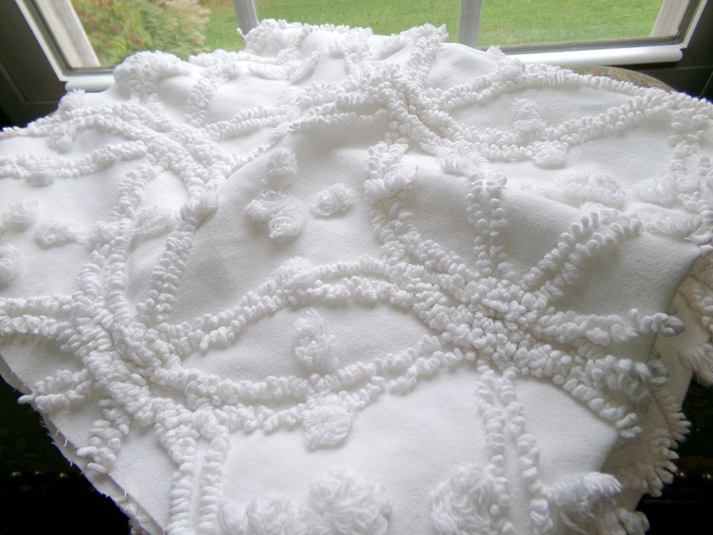 timeless white vintage chenille fabric, classic wedding ring & pop design, 18" x 24" piece of sewing, craft, quilt material