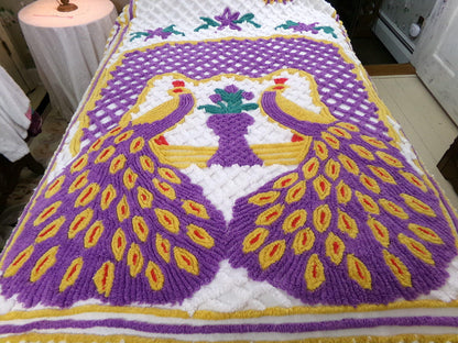 Vintage Chenille Bedspread Double Peacock Purple Gold White, Full Size