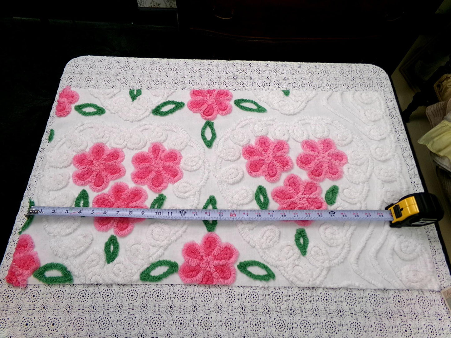 Pink White Floral Vintage Chenille Bedspread Fabric Sewing Quilt Material 17.5x30"