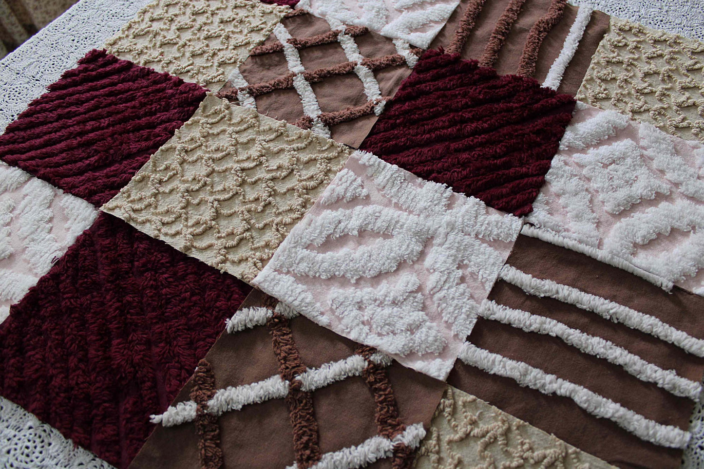 chocolate berry vintage chenille fabric squares, 16 quilt blocks, 6" inches ea, great shades of brown, merlot, mocha, white