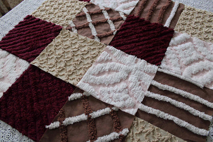 chocolate berry vintage chenille fabric squares, 16 quilt blocks, 6" inches ea, great shades of brown, merlot, mocha, white