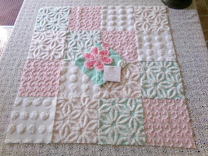 cottage chic 6" chenille squares, set of 17 aqua, pink & white quilt blocks cut from vintage chenille bedspread fabrics, daisies 'n dots