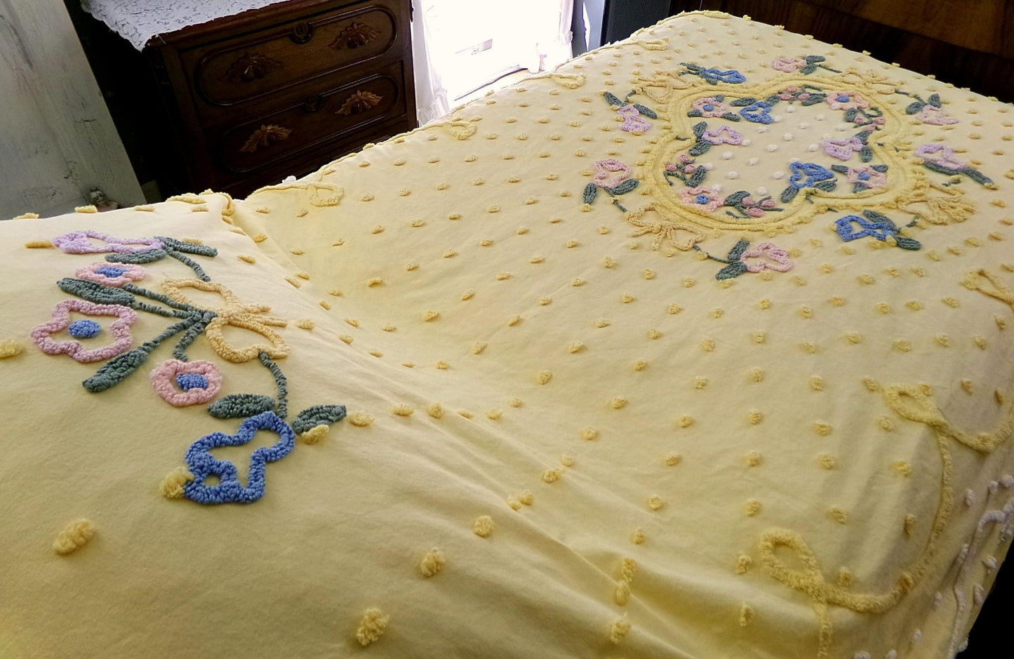 Sunny Floral Vintage Chenille Bedspread, Cotton Summer Coverlet, Twin Sz Bedding