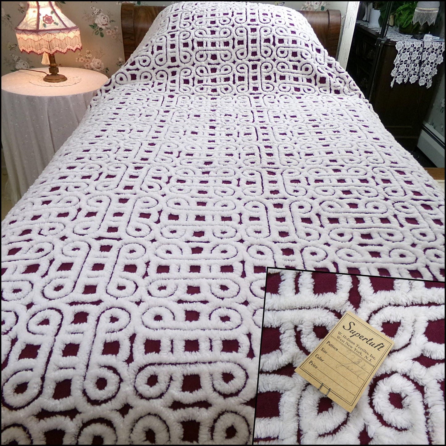 Vintage SuperTuft Chenille Bedspread NOS Rare Celtic Knot Hofmann Textiles USA Paper Tag, Full Size