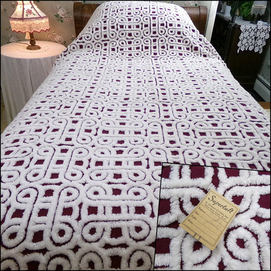 Vintage SuperTuft Chenille Bedspread NOS Rare Celtic Knot Hofmann Textiles USA Paper Tag, Full Size