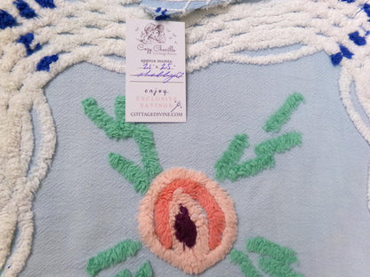 Vintage Blue Floral Chenille Bedspread Fabric, coastal chic sewing material, 21" x 25"