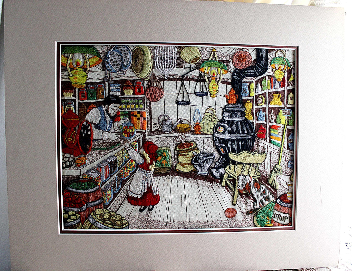Old-Fashioned Country Store Crewel Embroidery Piece, "Penny Candy" Completed Stitchery, Vintage Paragon Needlecraft, Outstanding Needlework