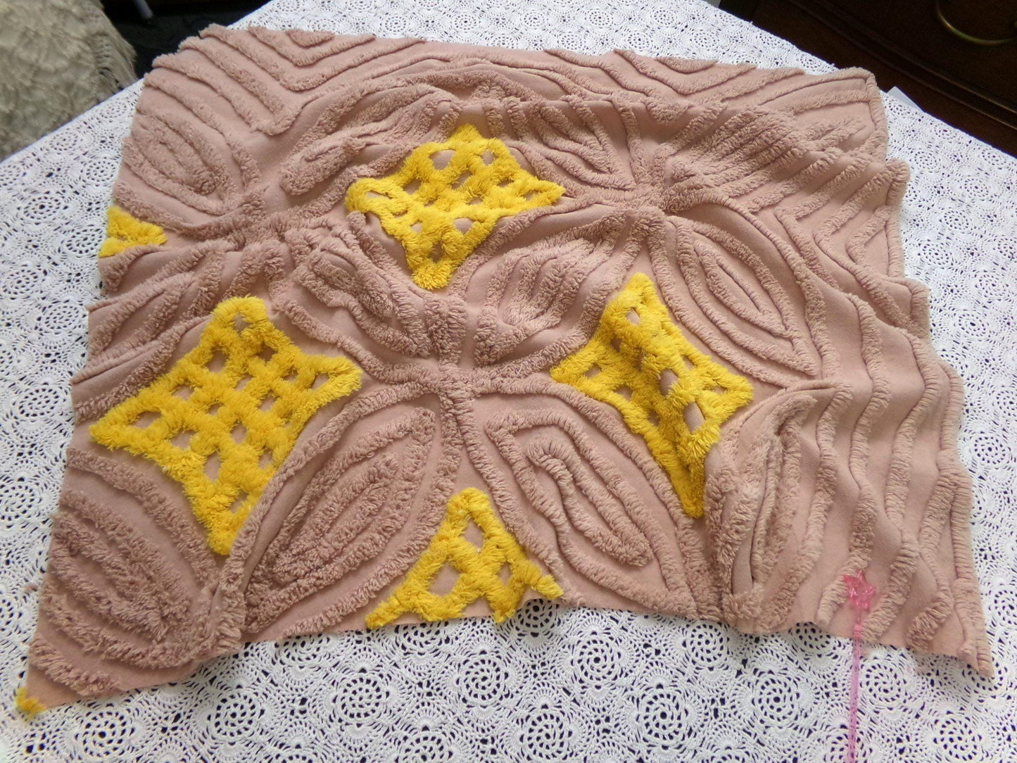 earthy energetic vintage chenille bedspread fabric, 25" x 22" geometric design