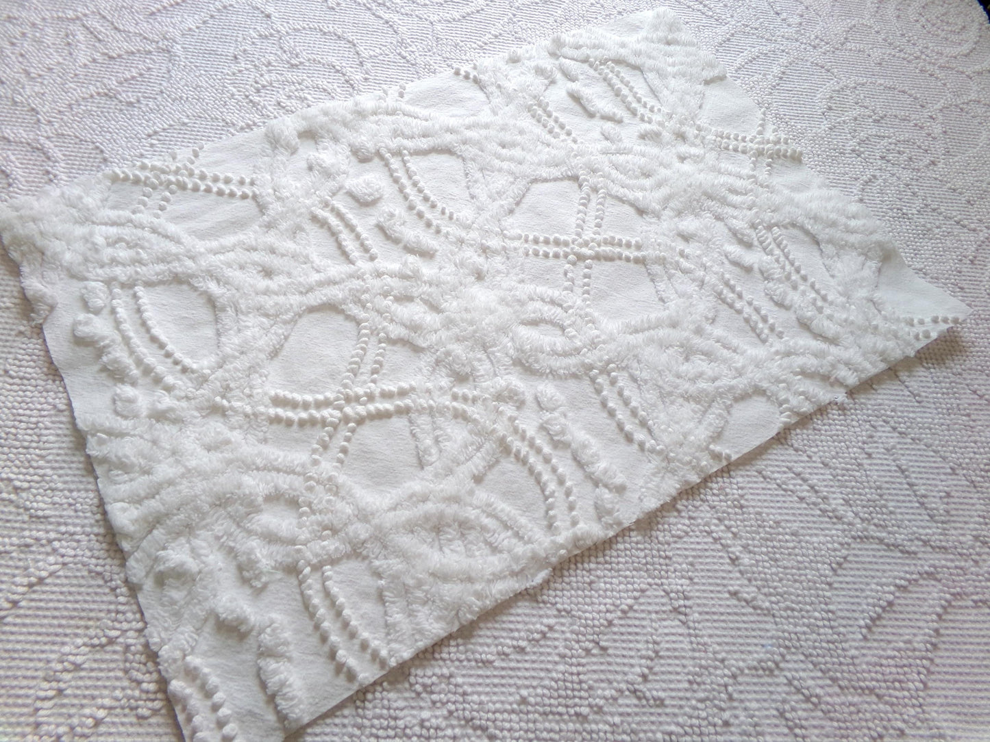 elegant white eternity links vintage chenille fabric, 12" x 18" piece of cotton sewing material for crafts, quilts, pillows