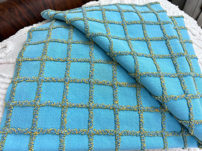 Sporty Squares Vintage Chenille Bedspread Fabric, Aqua Gold Windowpane Grid 19x23"