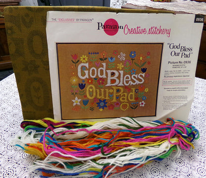 GOD BLESS Our PAD Crewel Embroidery Kit, Vintage Paragon Needlecraft 0936, Retro Boho Wall Art