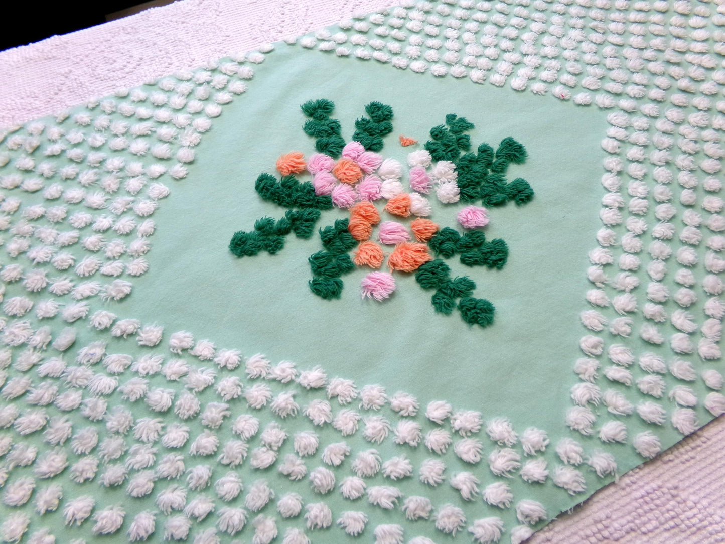 whimsy wildflower dot vintage chenille fabric: 15" x 26" jade green piece for pillows, quilts