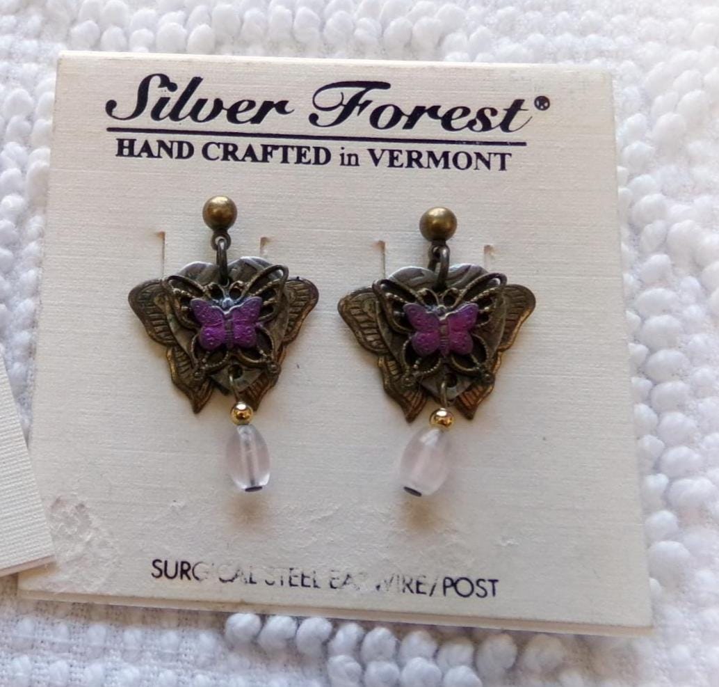 pink butterfly dangle earrings, pierced post back vintage Silver Forest Vermont jewelry