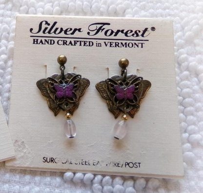 pink butterfly dangle earrings, pierced post back vintage Silver Forest Vermont jewelry