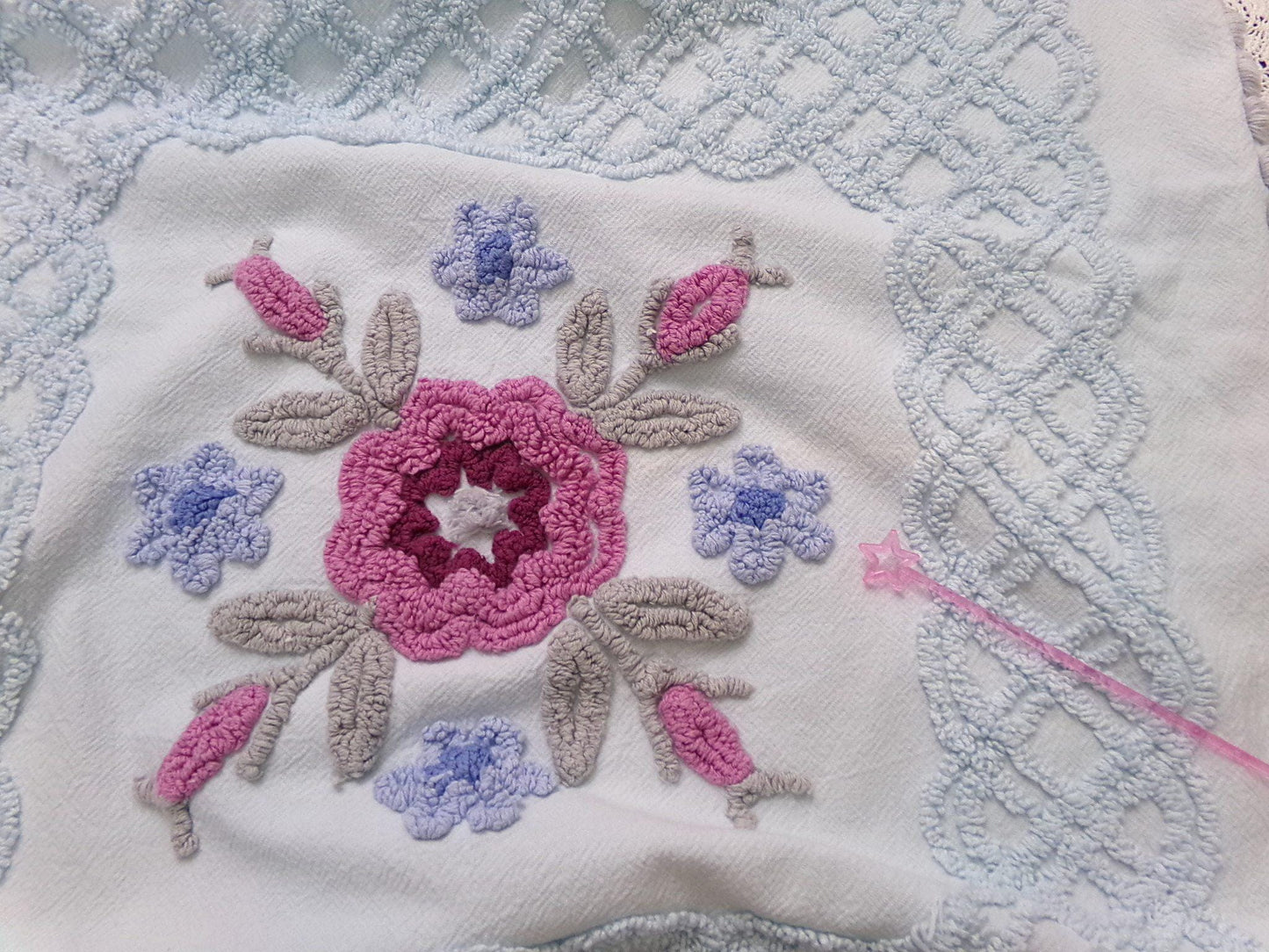 Ice Blue Vintage Chenille Fabric Double Tufted Rose Medallion Floral Lattice 23x36"