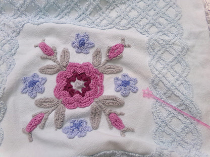 Ice Blue Vintage Chenille Fabric Double Tufted Rose Medallion Floral Lattice 23x36"