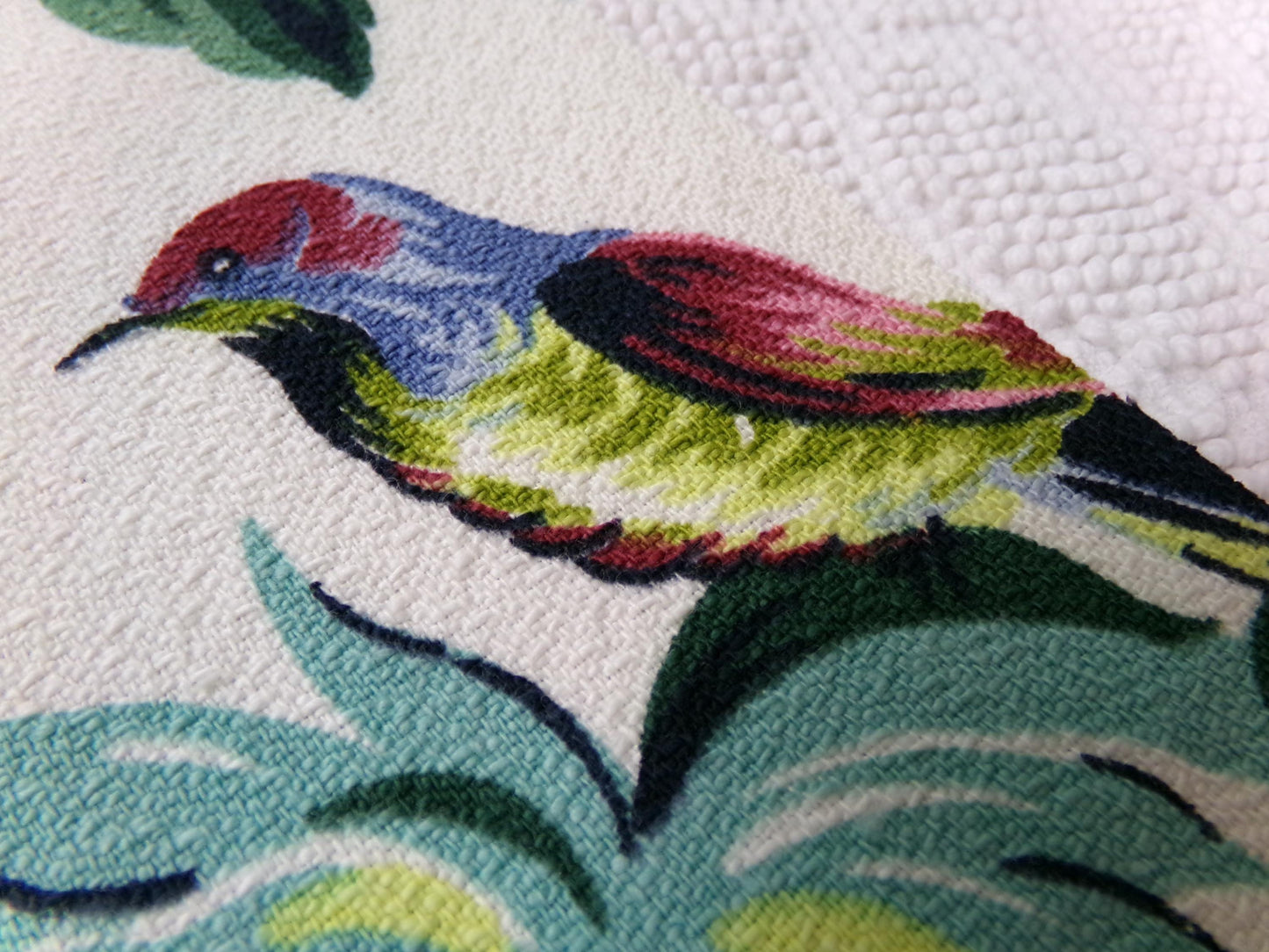 Vintage Barkcloth Fabric 22 x 22" Botanical Floral Exotic Birds Rose Peony Chinoiserie Mid Century
