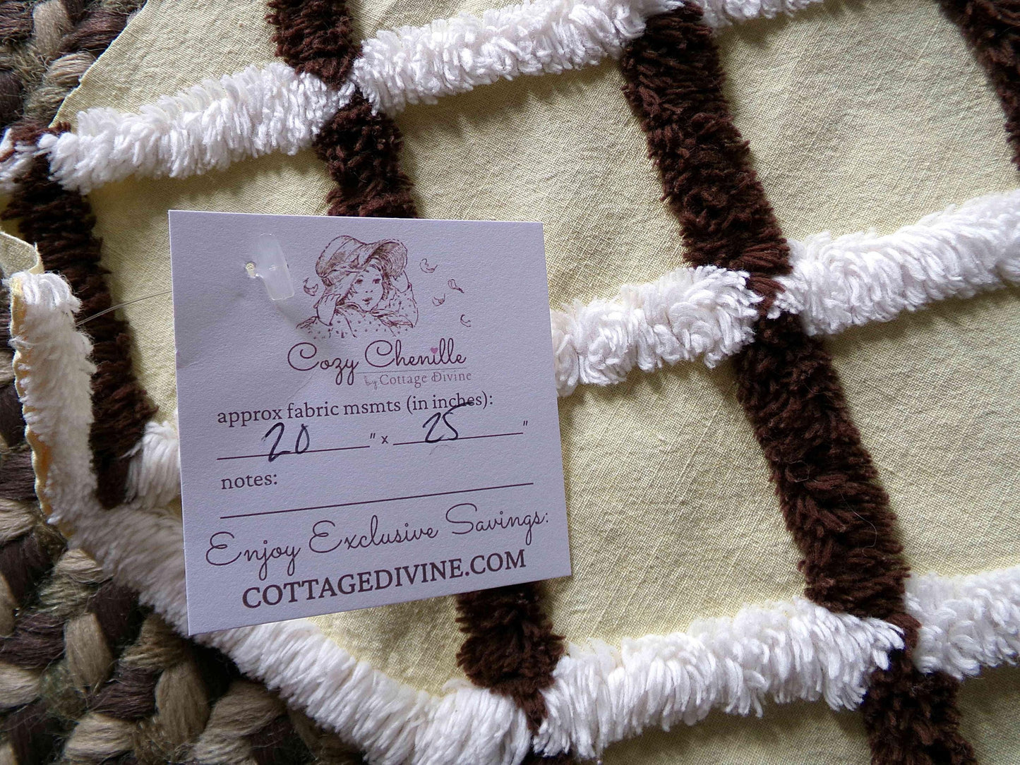 buttery yellow vintage chenille fabric in chocolate white crosshatch pattern, unique 20" x 25" piece of quilt material for crafts & sewing