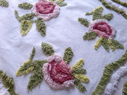 vintage rose chenille fabric, 19" x 25" inch piece of cotton sewing material, great for pillows & crafts