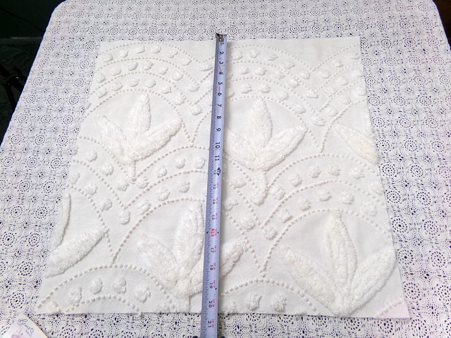Dainty Vintage Chenille Fabric, Creamy Botanical Leaf Pearl Dots, 20x20" Piece