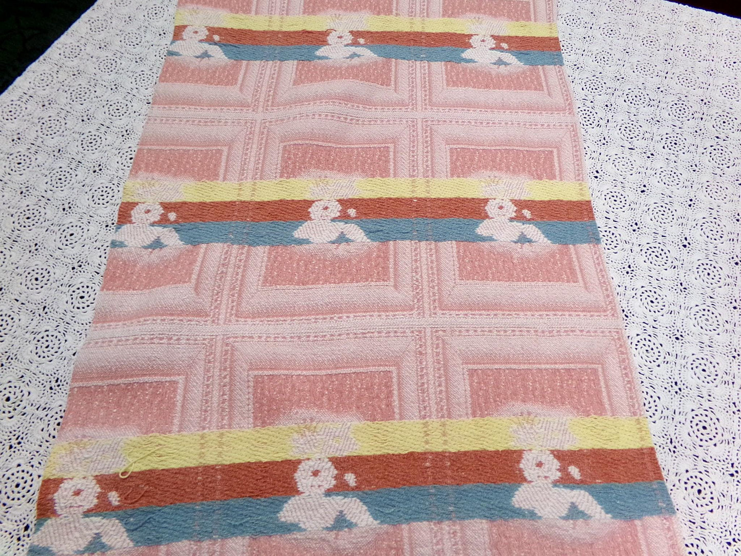 Vintage Pink Floral Fabric, Cotton Woven Cottage Windowpane Design 16.5x23"