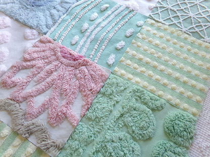 vintage 6" chenille fabric squares, garden path greens, set of 16 lovely craft blocks rotary cut from vintage chenille bedspreads