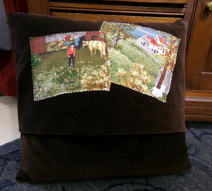 Vintage Barkcloth Pillow Grandma Moses Halloween Folk Art w/ Velvet Back Handmade Americana