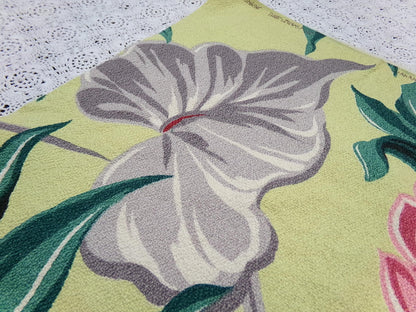 Vintage Barkcloth Fabric, Bold Pink Ginger Bloom Florals, Gray Tropical Elephant Ears 21" x40"
