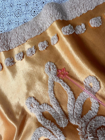 Vintage Gold Satin Fabric, Scroll Tufted Chenille Crowns 23x36" Piece