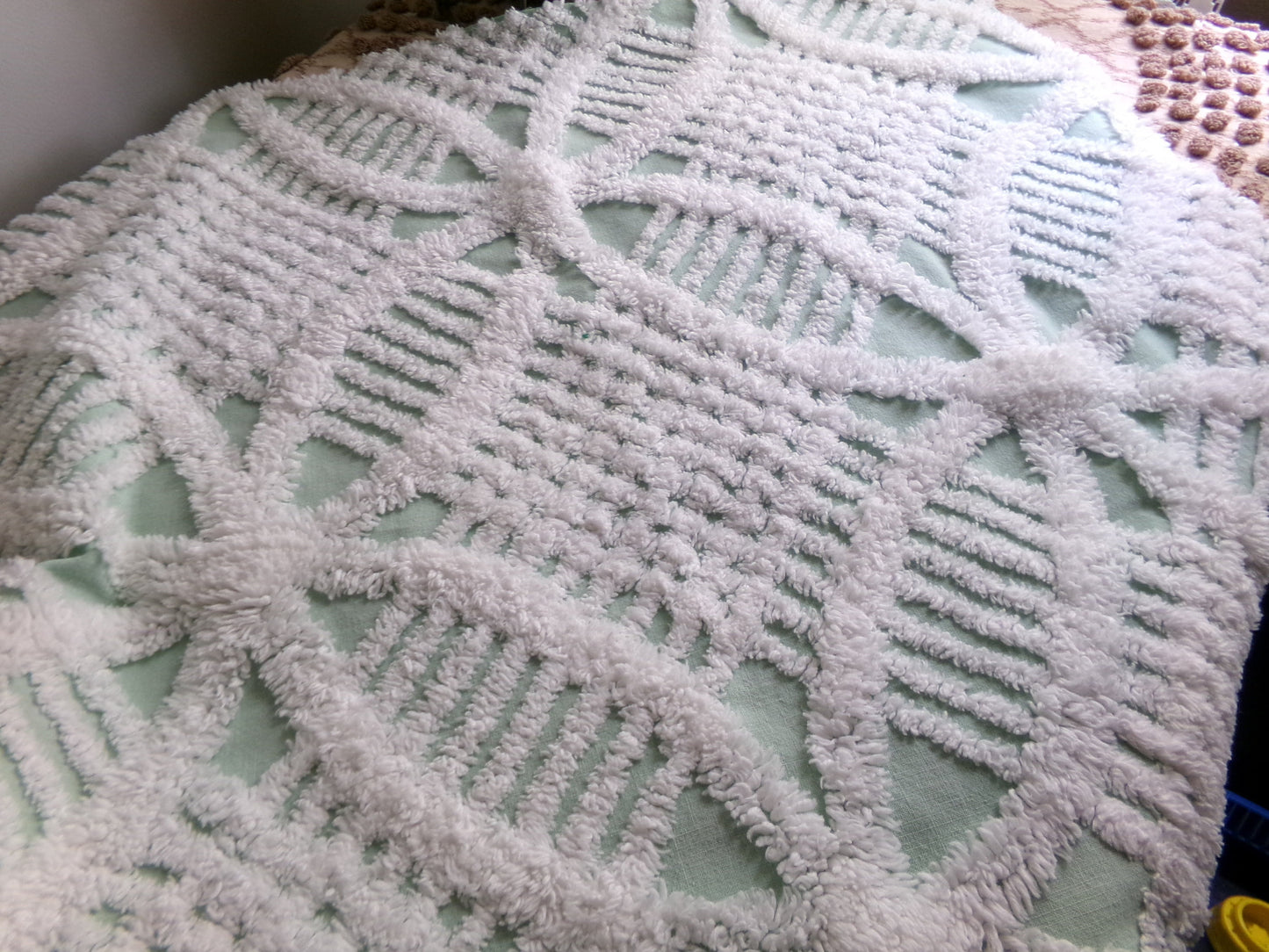 Mint Green Vintage Chenille Quilt Fabric, 21" x 30" inch Piece, White Geometric Wedding Ring Pattern
