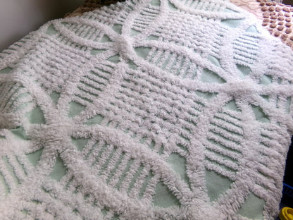 Mint Green Vintage Chenille Quilt Fabric, 21" x 30" inch Piece, White Geometric Wedding Ring Pattern
