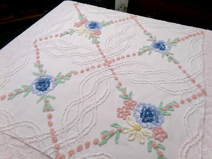 Autumn Wildflower Vintage Chenille Bedspread Fabric, Floral Quilt Material, 25" x 24" piece