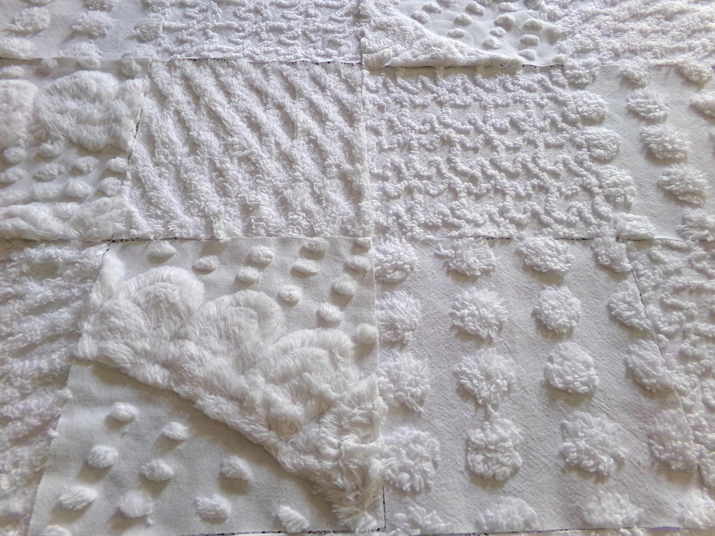 snow bunny vintage chenille fabric squares, 16 vintage white 6" quilt blocks w/ pops, squiggles, diamond lattice & swirls