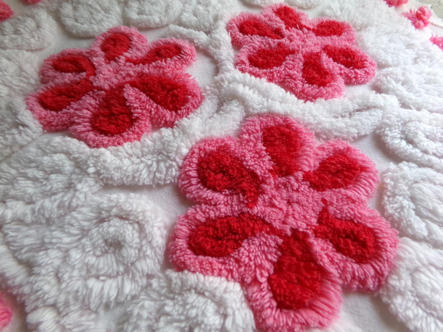 romantic hearts vintage chenille fabric, sweetest plush rose pink flowers, 21" x 26" inch rounded piece cotton sewing material for crafting