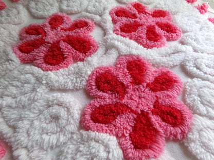 romantic hearts vintage chenille fabric, sweetest plush rose pink flowers, 21" x 26" inch rounded piece cotton sewing material for crafting