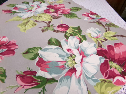 Vintage Barkcloth Fabric 1940s Pink Aqua Magnolia Floral Gray Mid-Century, 21" x 33"