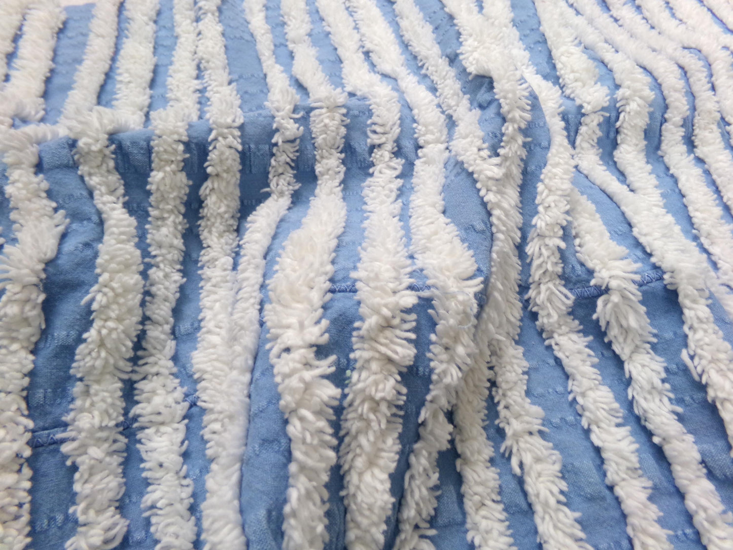 Trendy Coastal Blue & White Striped Vintage Chenille Fabric, Craft Quilt Material, 16" x 27" Piece